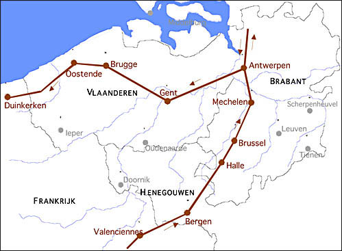 Reisroute van Pierre Gaudron door de Nederlanden (1715)